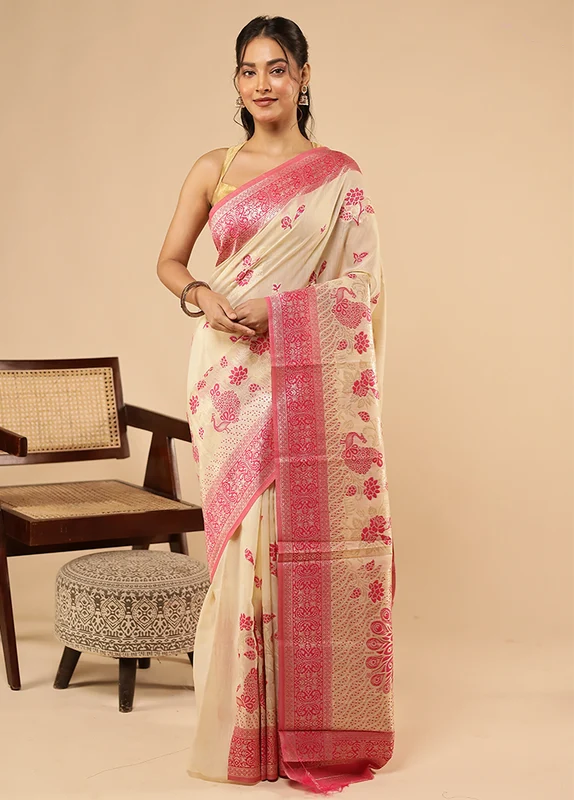 Cream Dupion Silk Saree With Blouse Piece One Size
