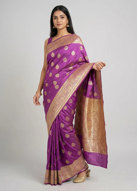Purple Dupion Silk Saree With Blouse Piece One Size