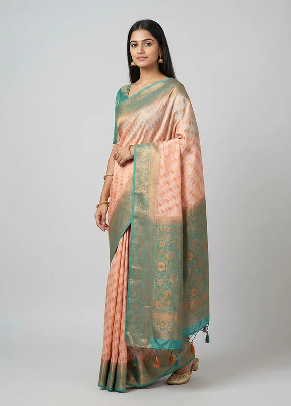 Peach Dupion Silk Saree With Blouse Piece One Size