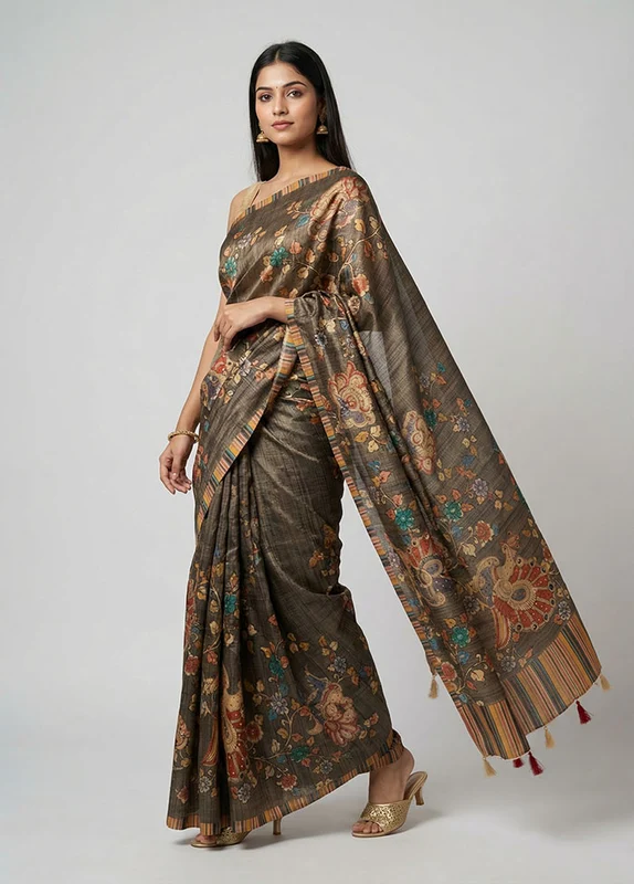 Green Tussar Silk Saree With Blouse Piece One Size