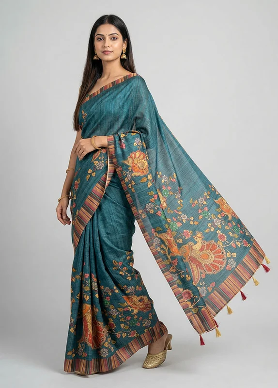 Blue Tussar Silk Saree With Blouse Piece One Size