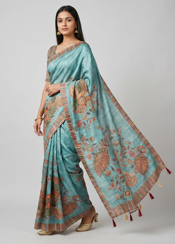 Blue Tussar Silk Saree With Blouse Piece One Size