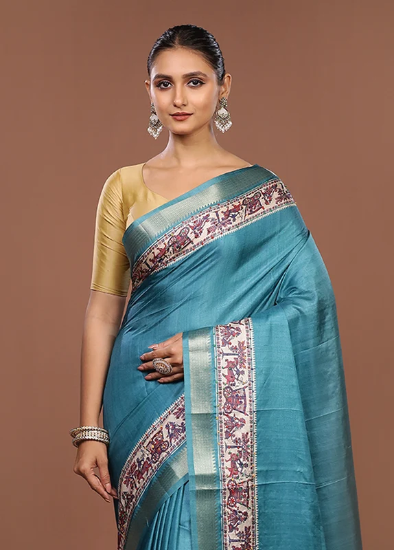 Blue Tussar Silk Saree With Blouse Piece One Size