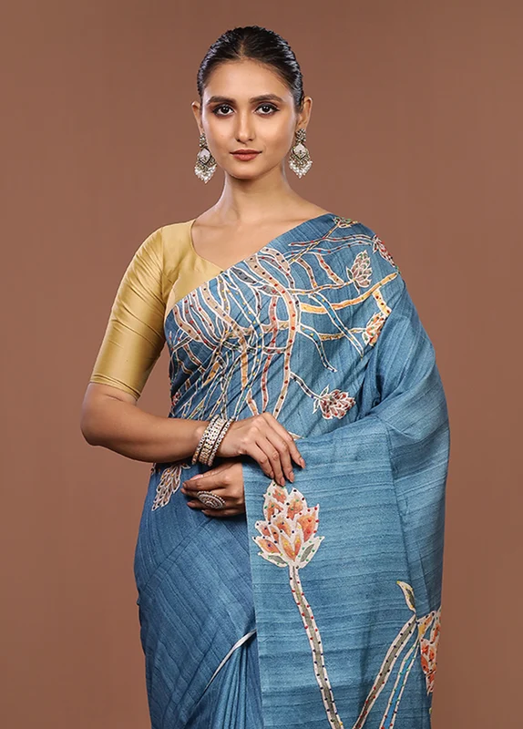 Blue Tussar Silk Saree With Blouse Piece One Size