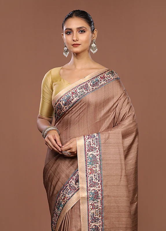 Cream Tussar Silk Saree With Blouse Piece One Size