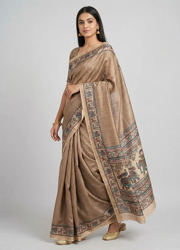 Cream Tussar Silk Saree With Blouse Piece One Size