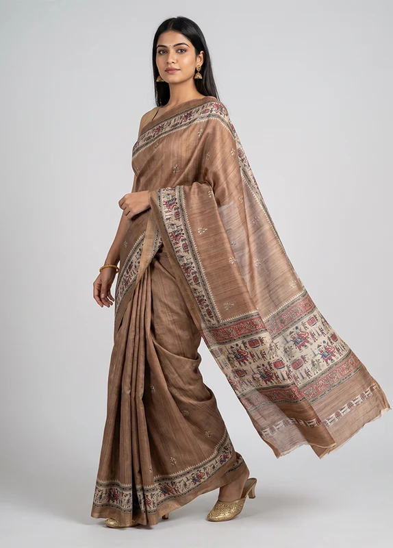 Cream Tussar Silk Saree With Blouse Piece One Size
