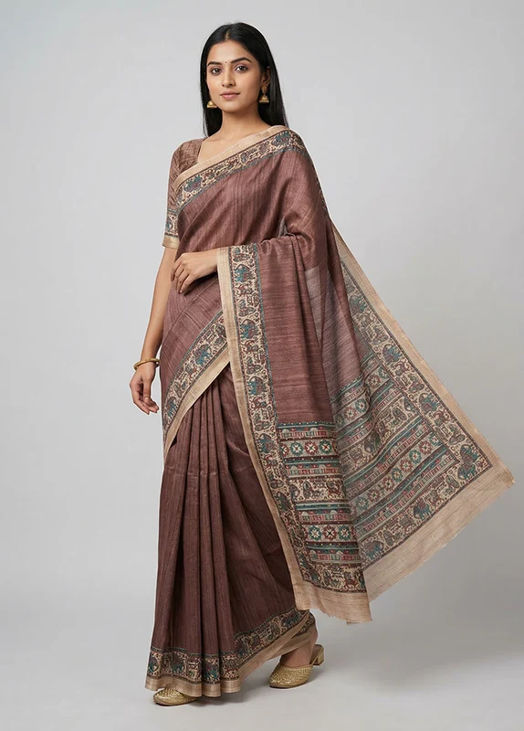 Pink Tussar Silk Saree With Blouse Piece One Size