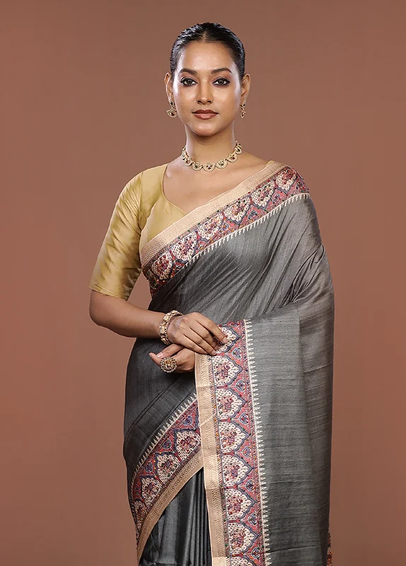 Green Tussar Silk Saree With Blouse Piece One Size