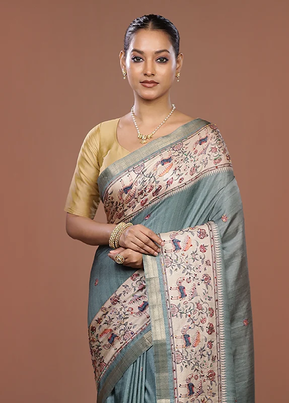 Green Tussar Silk Saree With Blouse Piece One Size