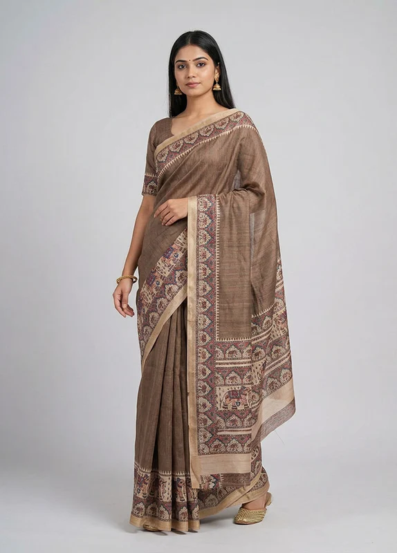 Cream Tussar Silk Saree With Blouse Piece One Size
