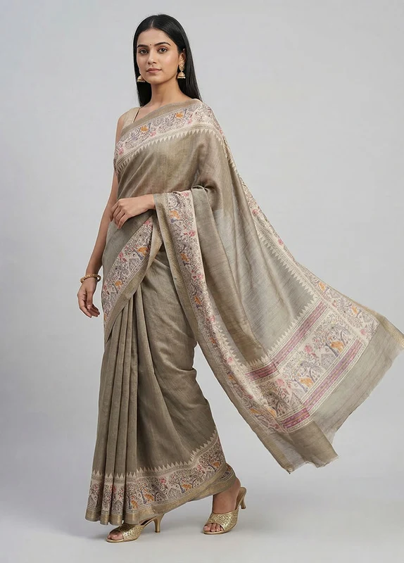 Green Tussar Silk Saree With Blouse Piece One Size