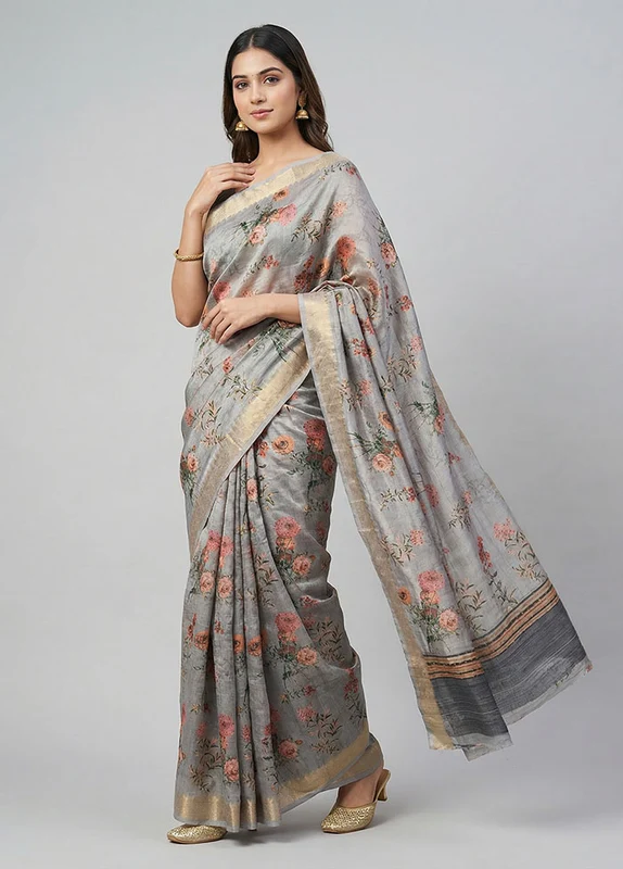 Grey Tussar Silk Saree With Blouse Piece One Size