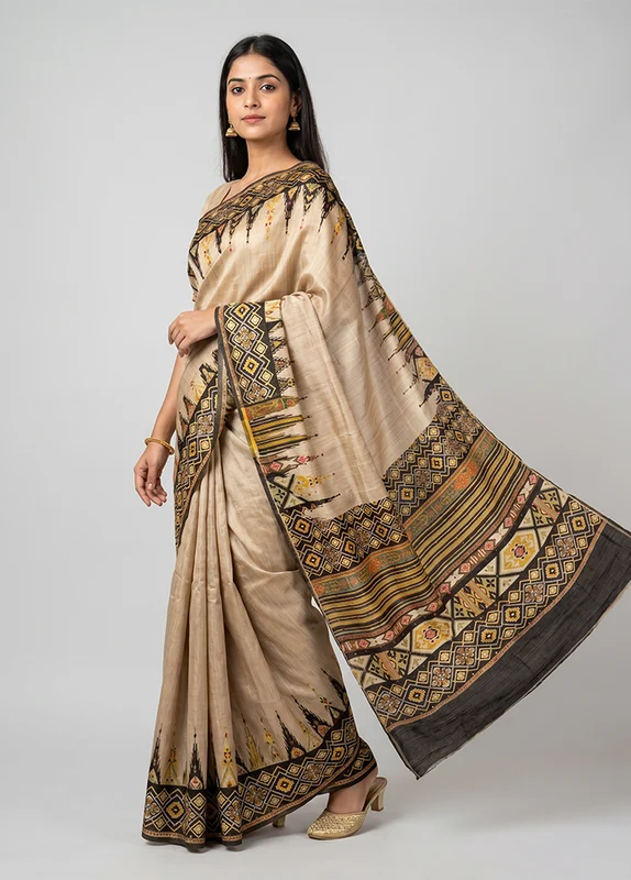 Cream Tussar Silk Saree With Blouse Piece One Size