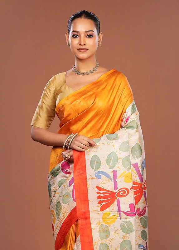 Cream Printed Silk Saree Without Blouse Piece One Size