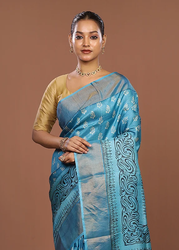 Blue Tussar Silk Saree With Blouse Piece One Size