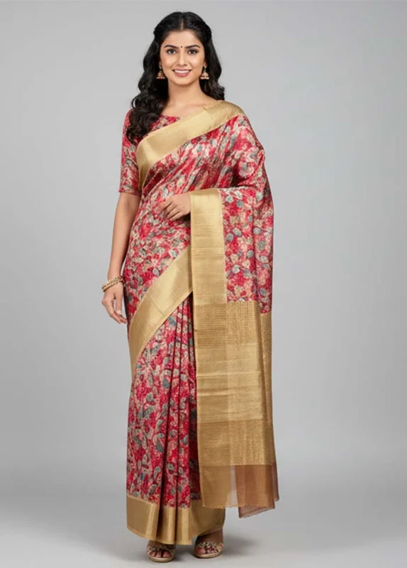 Pink Tussar Silk Saree With Blouse Piece One Size