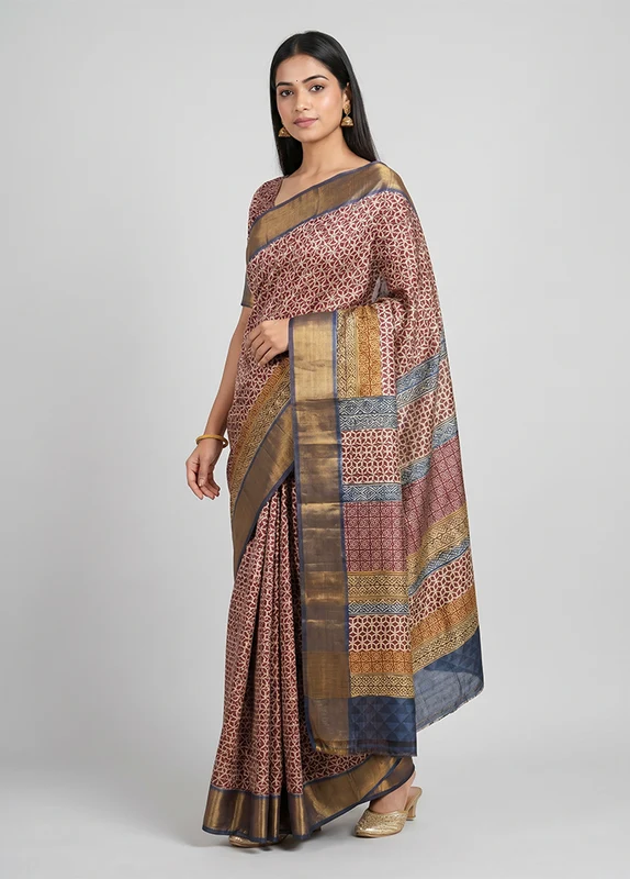 Pink Tussar Silk Saree With Blouse Piece One Size