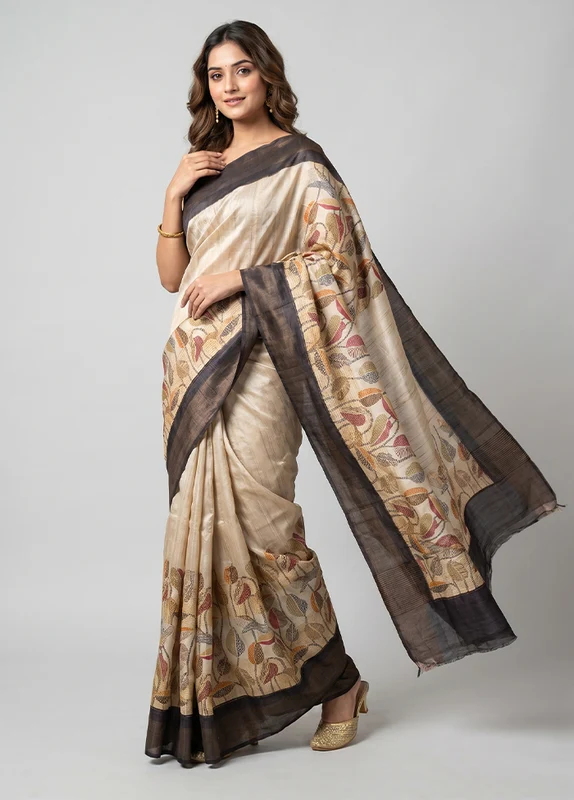 Cream Tussar Silk Saree With Blouse Piece One Size