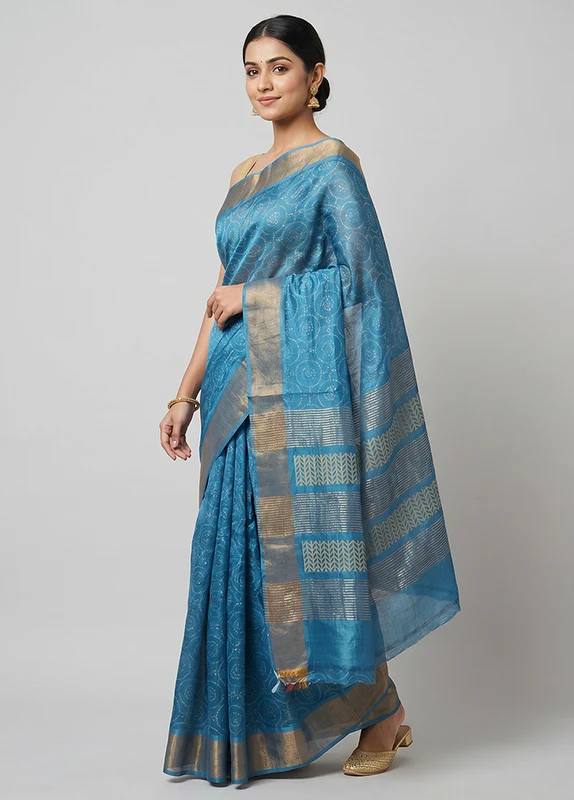 Blue Tussar Silk Saree With Blouse Piece One Size
