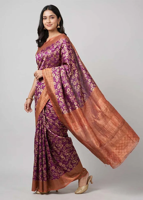 Purple Tussar Silk Saree With Blouse Piece One Size