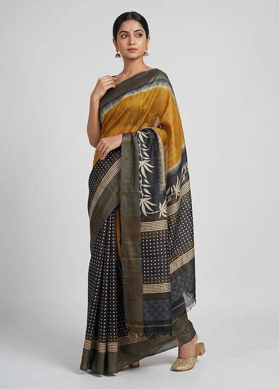 Yellow Tussar Silk Saree With Blouse Piece One Size