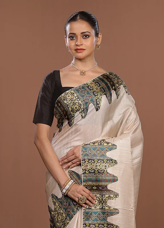Grey Tussar Silk Saree With Blouse Piece One Size