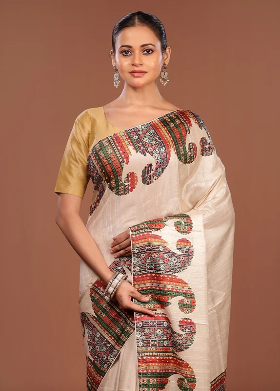Grey Tussar Silk Saree With Blouse Piece One Size
