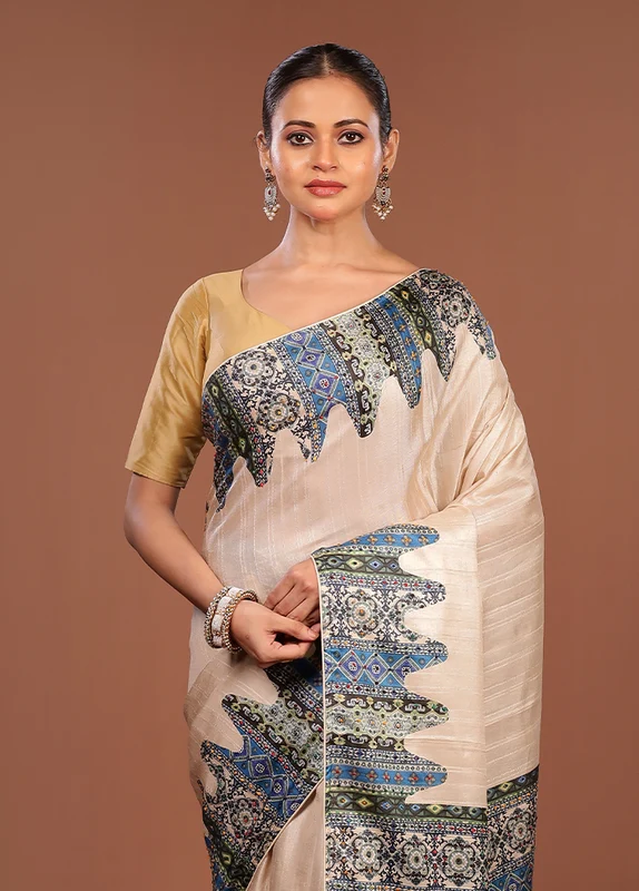 Grey Tussar Silk Saree With Blouse Piece One Size
