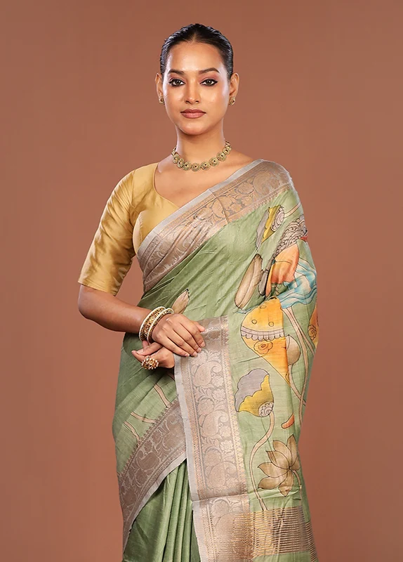 Green Tussar Silk Saree With Blouse Piece One Size