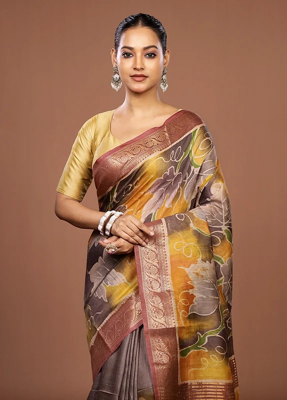 Brown Tussar Silk Saree With Blouse Piece One Size
