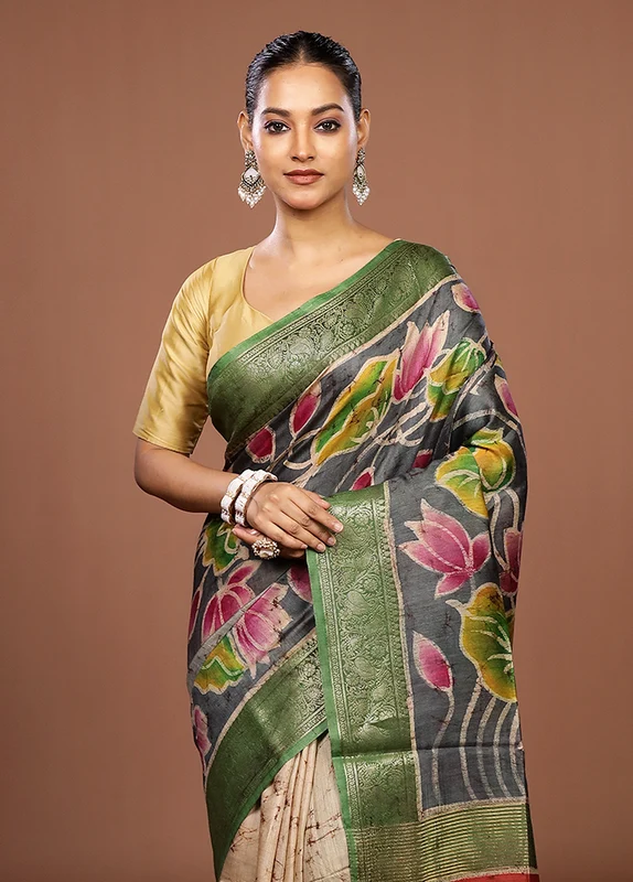 Grey Tussar Silk Saree With Blouse Piece One Size
