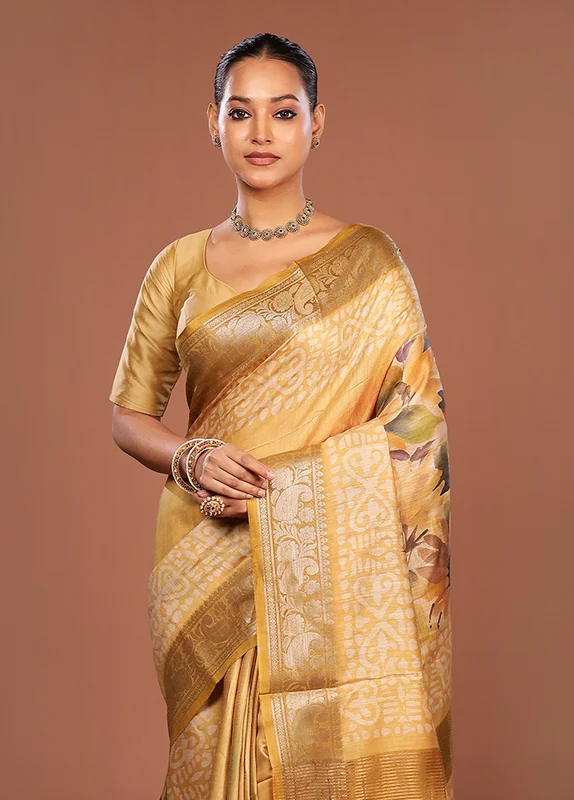 Yellow Tussar Silk Saree With Blouse Piece One Size