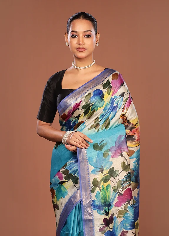 Multicolor Tussar Silk Saree With Blouse Piece One Size