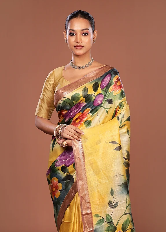 Yellow Tussar Silk Saree With Blouse Piece One Size