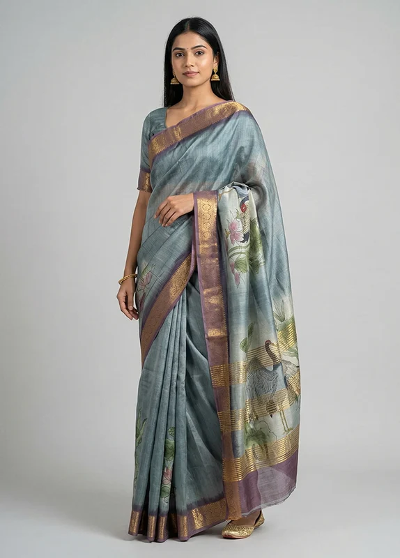 Cream Tussar Silk Saree With Blouse Piece One Size