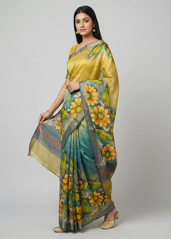 Green Tussar Silk Saree With Blouse Piece One Size