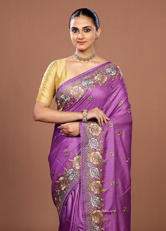 Purple Handloom Tussar Pure Silk Saree With Blouse Piece One Size