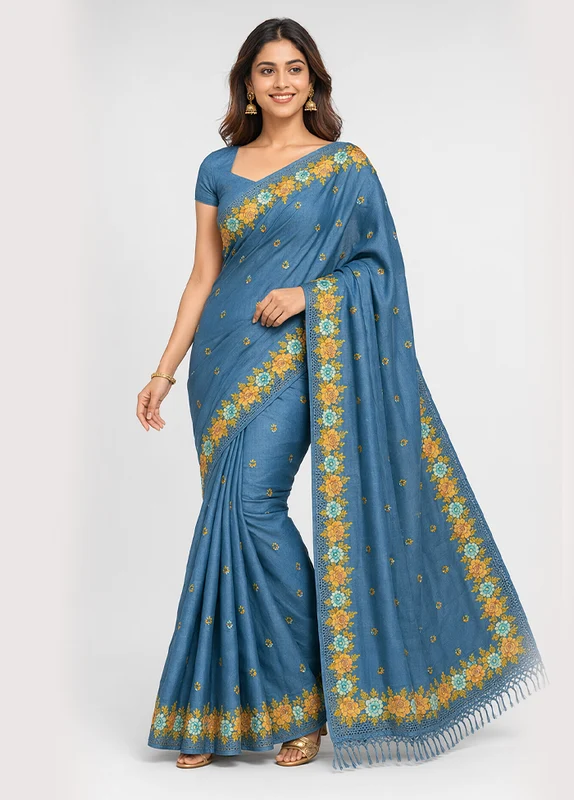 Blue Handloom Tussar Pure Silk Saree With Blouse Piece One Size
