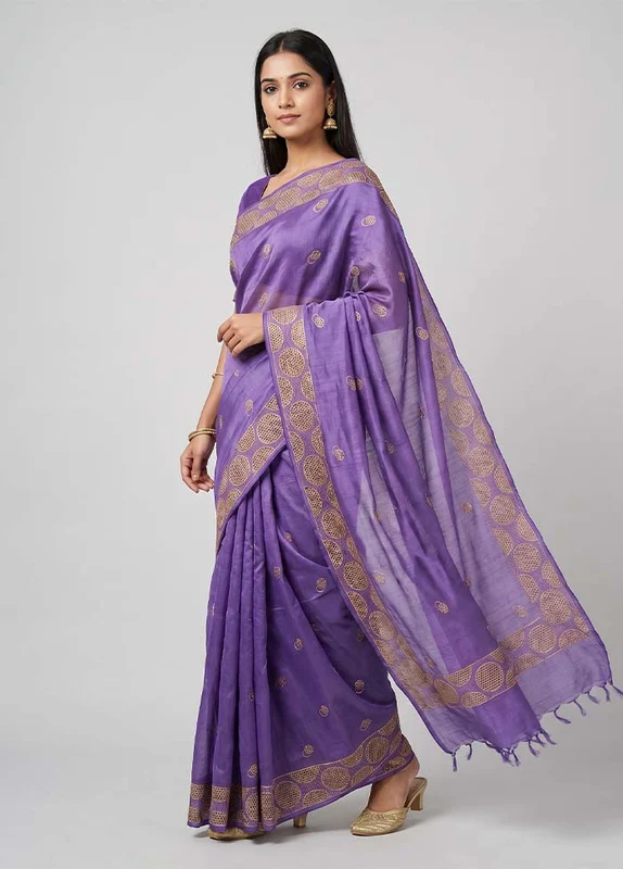 Purple Handloom Tussar Pure Silk Saree With Blouse Piece One Size
