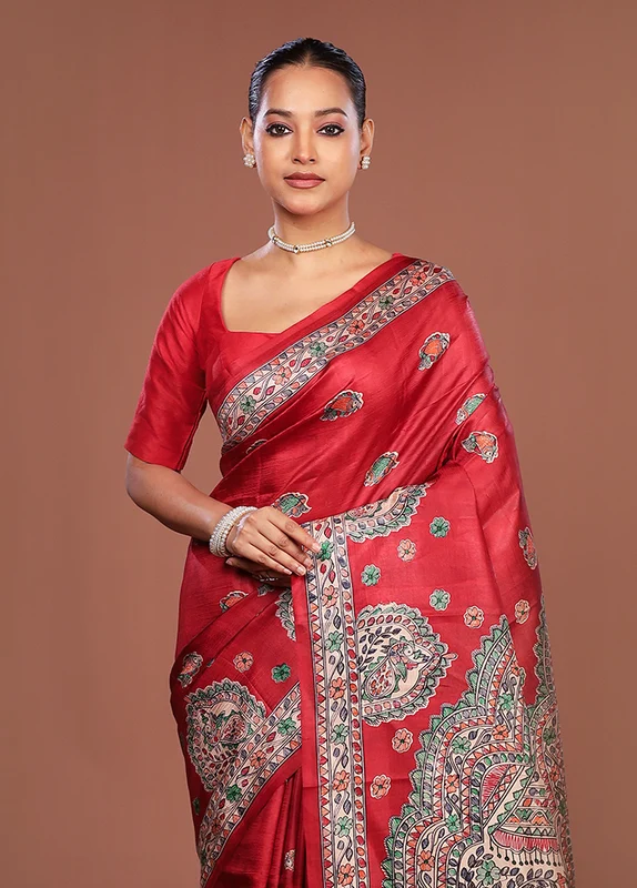 Red Printed Silk Saree Without Blouse Piece One Size