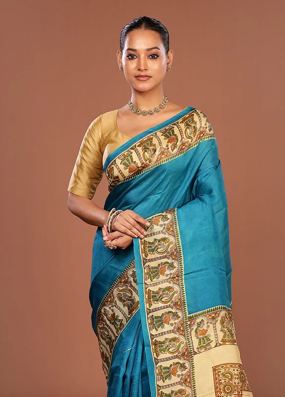 Blue Printed Silk Saree Without Blouse Piece One Size