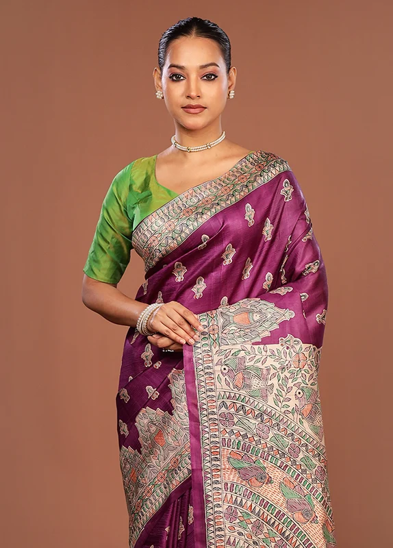 Purple Printed Silk Saree Without Blouse Piece One Size