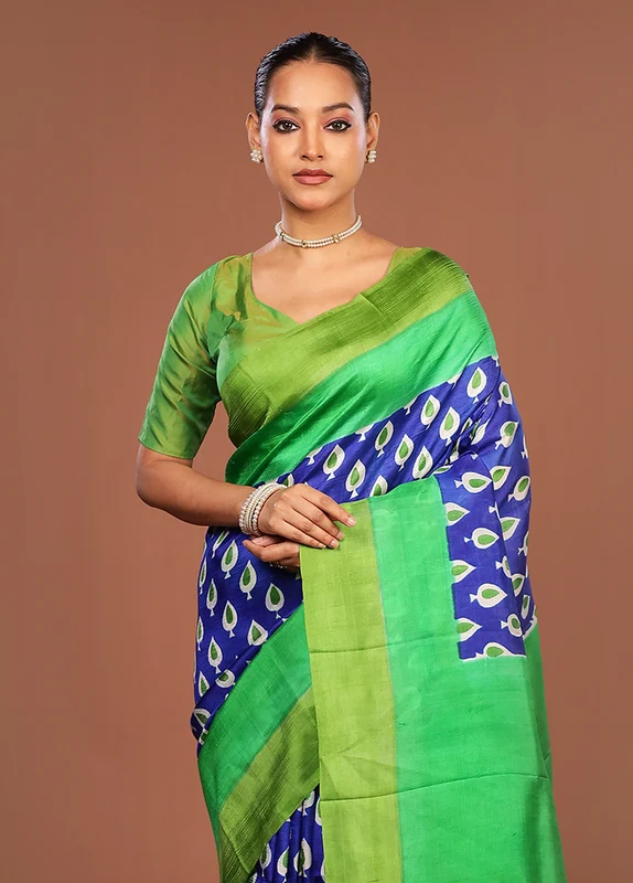 Blue Printed Silk Saree Without Blouse Piece One Size