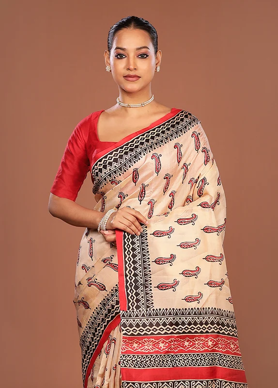 Cream Printed Silk Saree Without Blouse Piece One Size