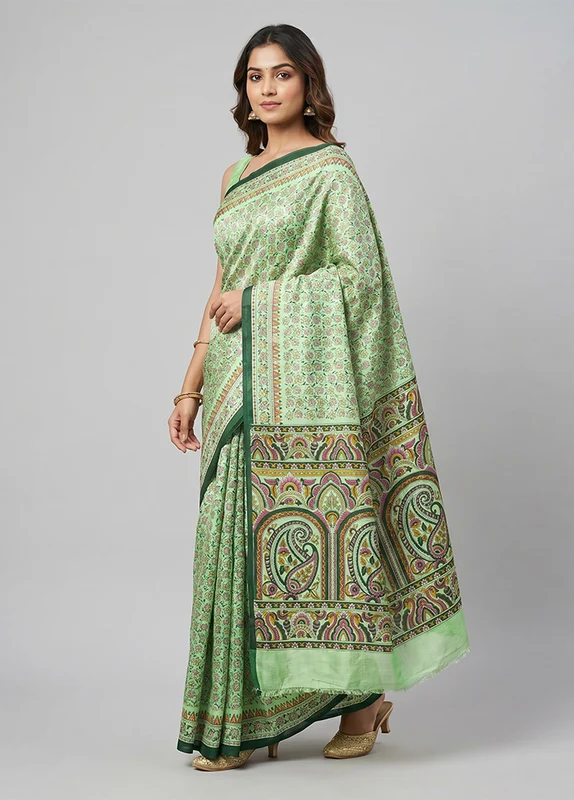 Green Printed Silk Saree Without Blouse Piece One Size