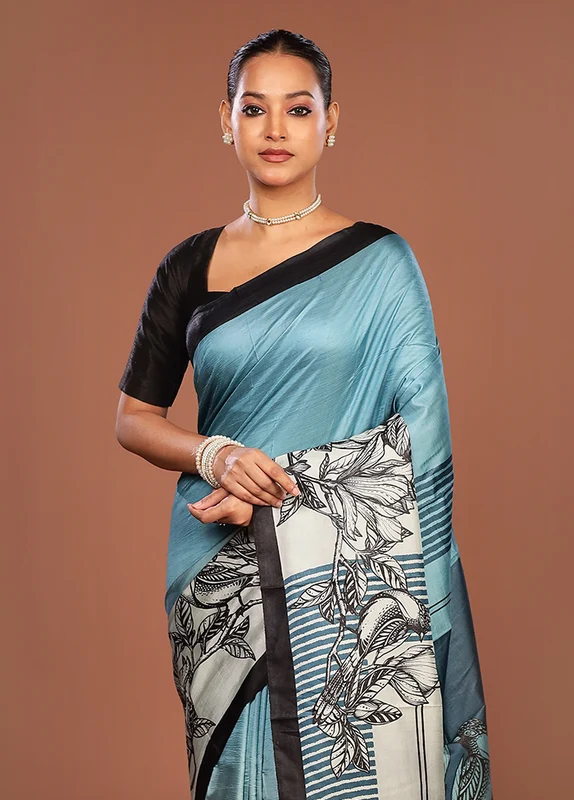 Blue Printed Pure Silk Saree Without Blouse Piece One Size