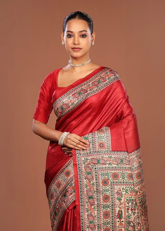Red Printed Pure Silk Saree Without Blouse Piece One Size
