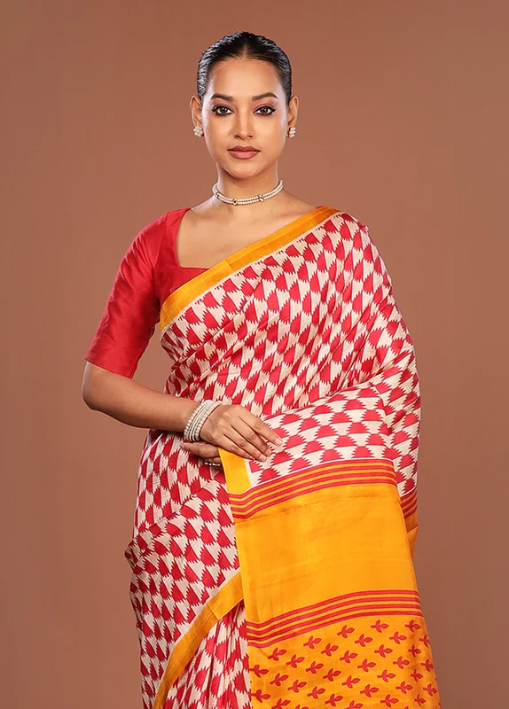 Red Printed Silk Saree Without Blouse Piece One Size