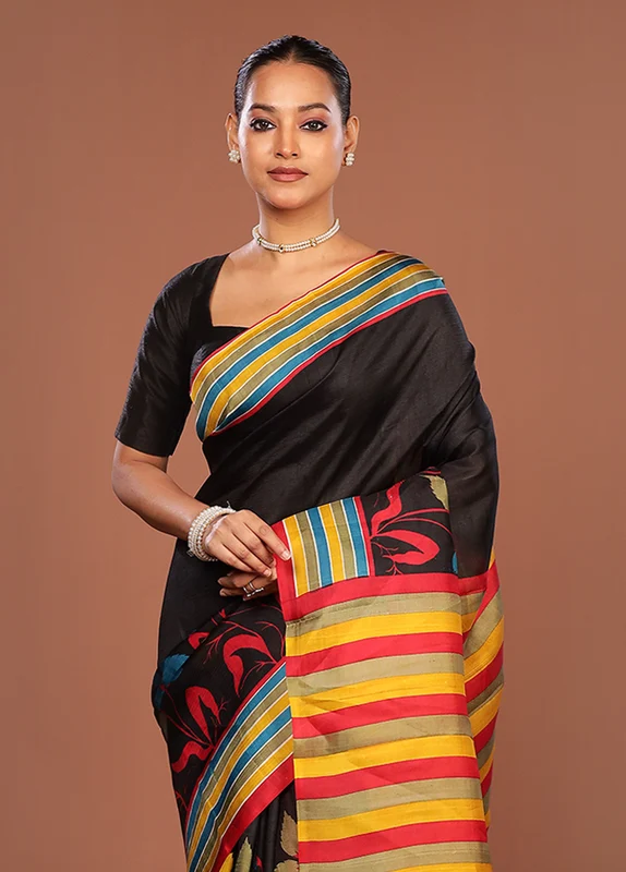 Black Printed Pure Silk Saree Without Blouse Piece One Size